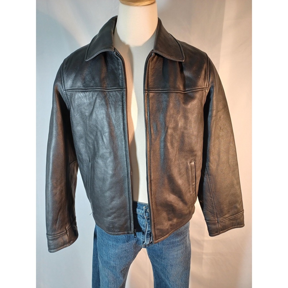 Tommy Hilfiger Jacket Mens Medium Black‎ Leather Bomber Full Zip Lined Casual